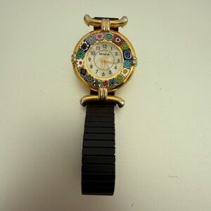 Venezia Analog Wristwatch Gold Case Multicolor Bezel Black Band Round Dial